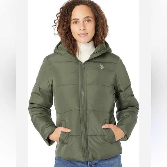 U.S. POLO ASSN. Basic Puffer Jacket hooded Olive Grove women’s medium new - Picture 1 of 6